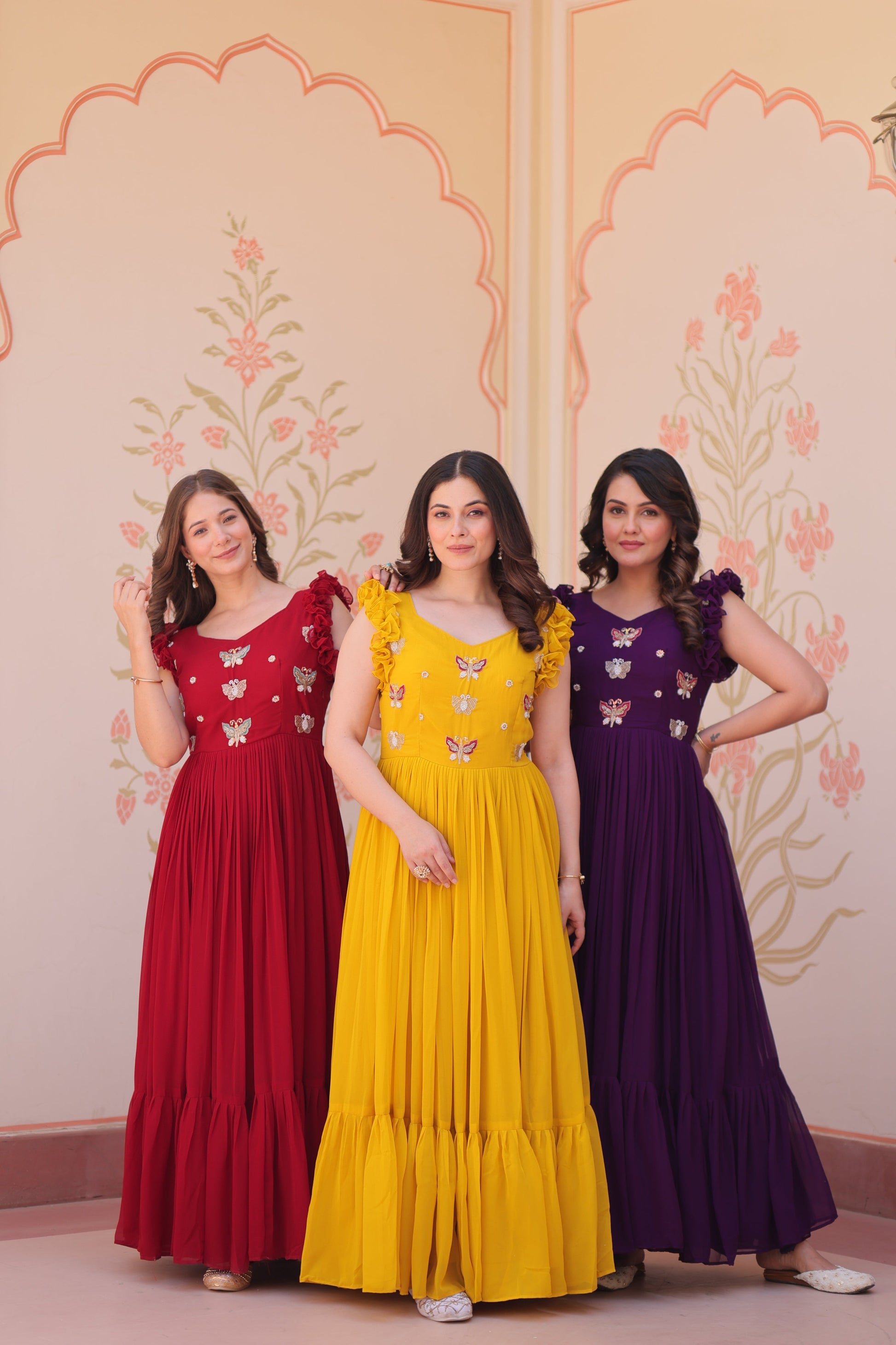 Jyoti Fashion Maroon Yellow & Purple Faux Blooming Beads Embroidered Combo Anarkali Set