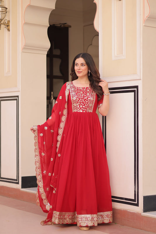 Jyoti Fashion Red Faux Blooming Sequins Embroidered Anarkali Set with Dupatta