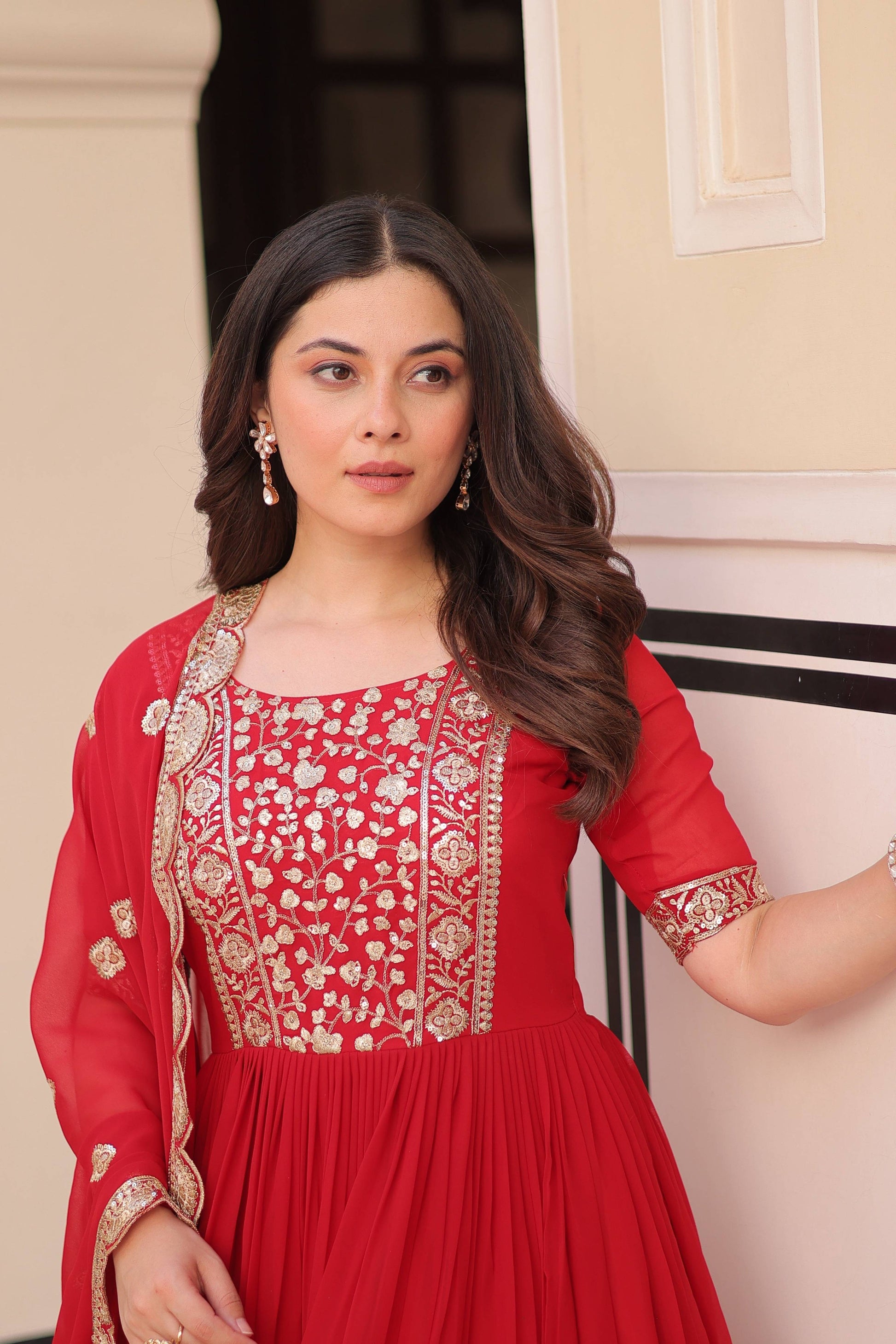 Jyoti Fashion Red Faux Blooming Sequins Embroidered Anarkali Set with Dupatta