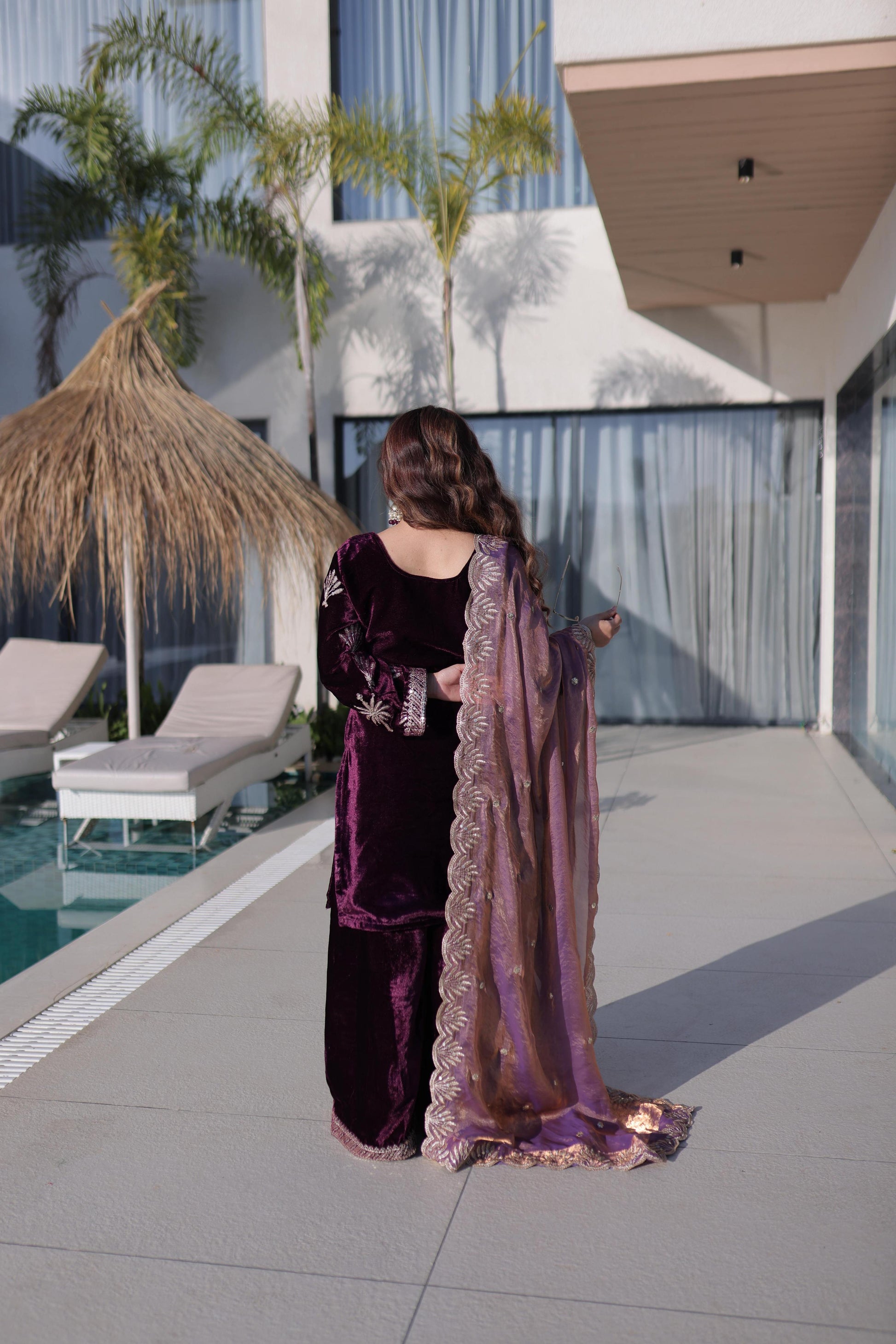 Jyoti Fashion Wine Ice Velvet Embroidered Kurta Set with Dupatta
