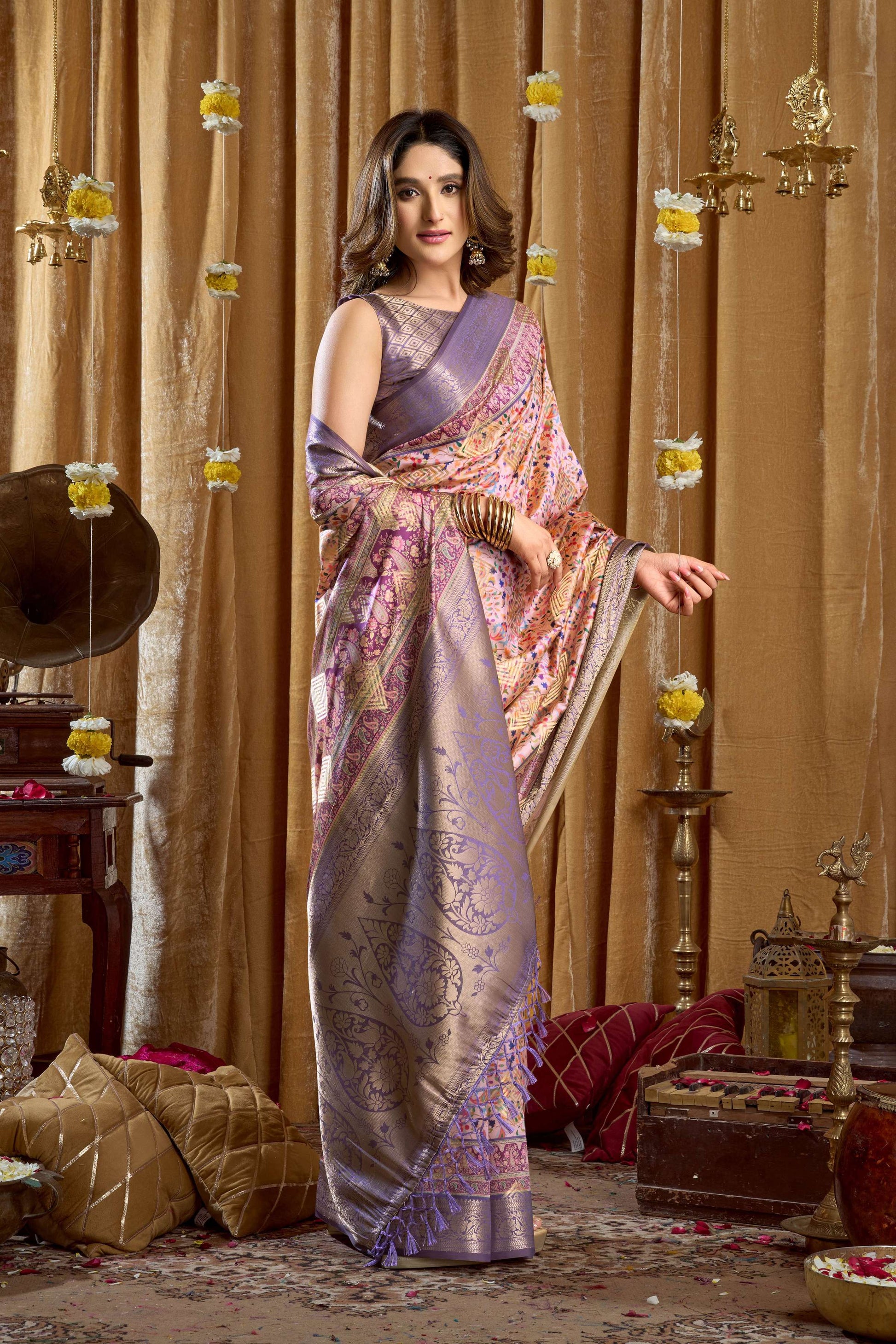 Jyoti Fashion Women's Purple Banarasi Digital Cluster Print Saree with Blouse
