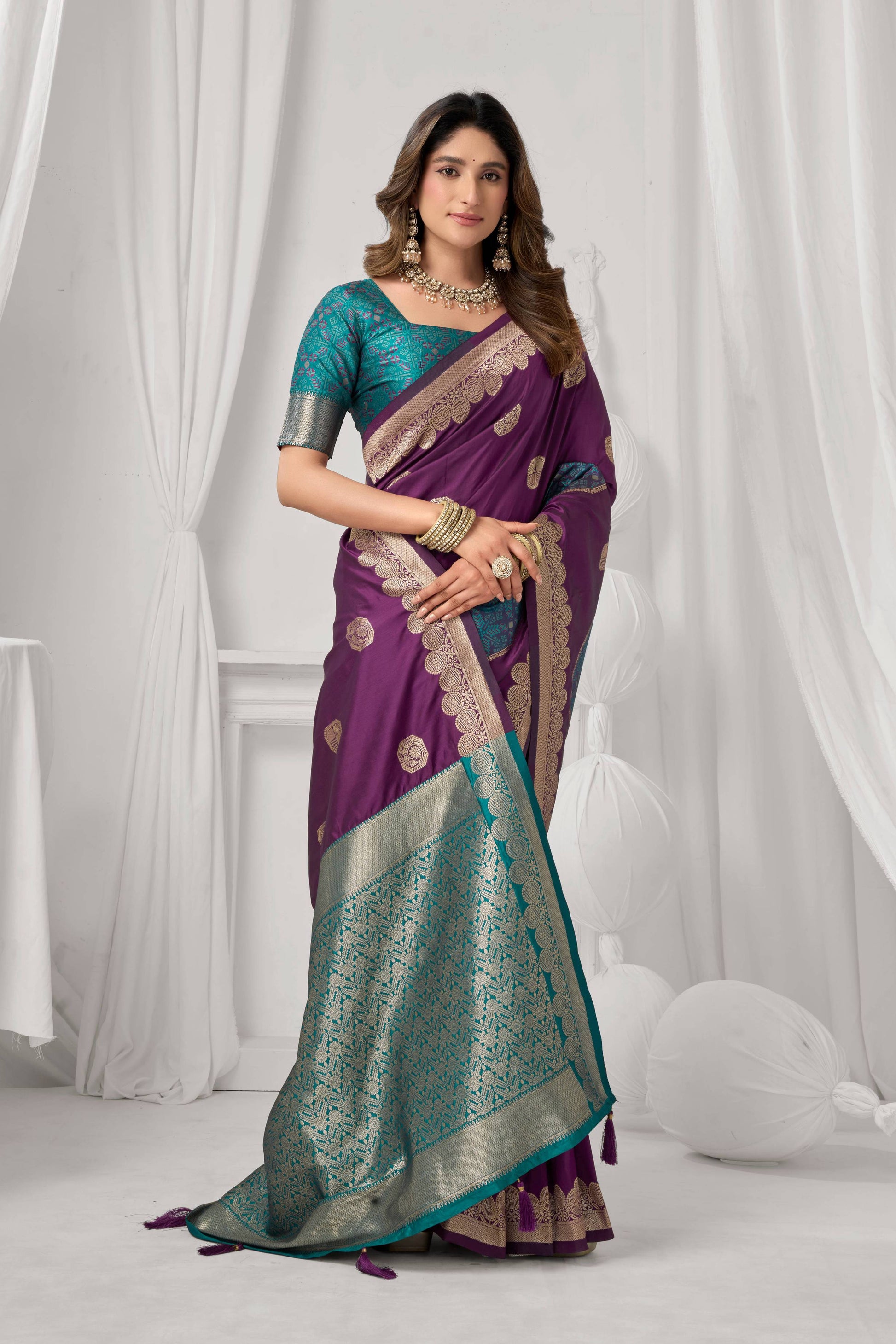 Jyoti Fashion Women's Wine Soft Silk Zari Woven Saree with Blouse