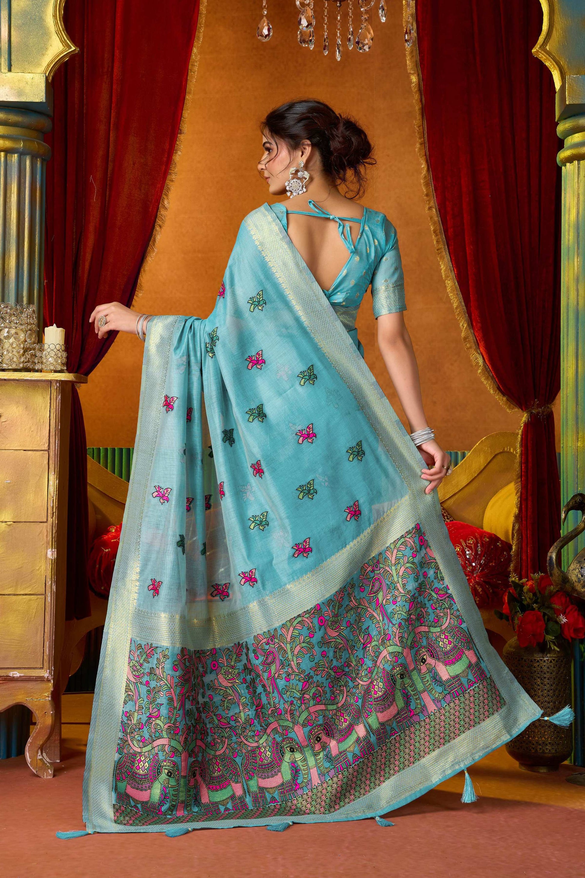 Jyoti Fashion Women's Turquoise Modal Zari Woven Saree with Blouse