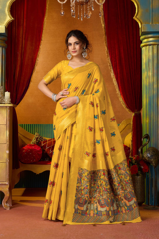 Jyoti Fashion Women's Yellow Modal Zari Woven Saree with Blouse