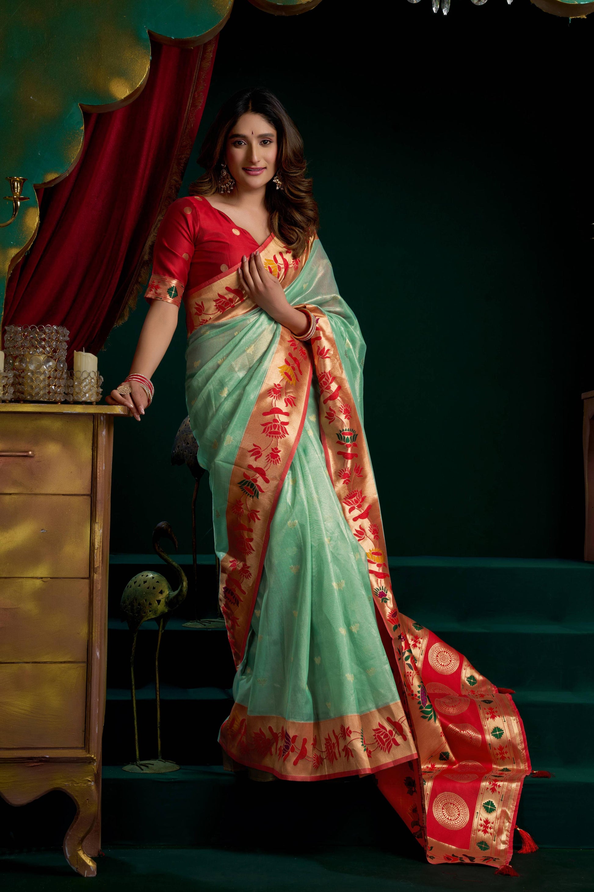 Jyoti Fashion Women's Sea Green Tissue Paithani Zari Woven Saree with Blouse