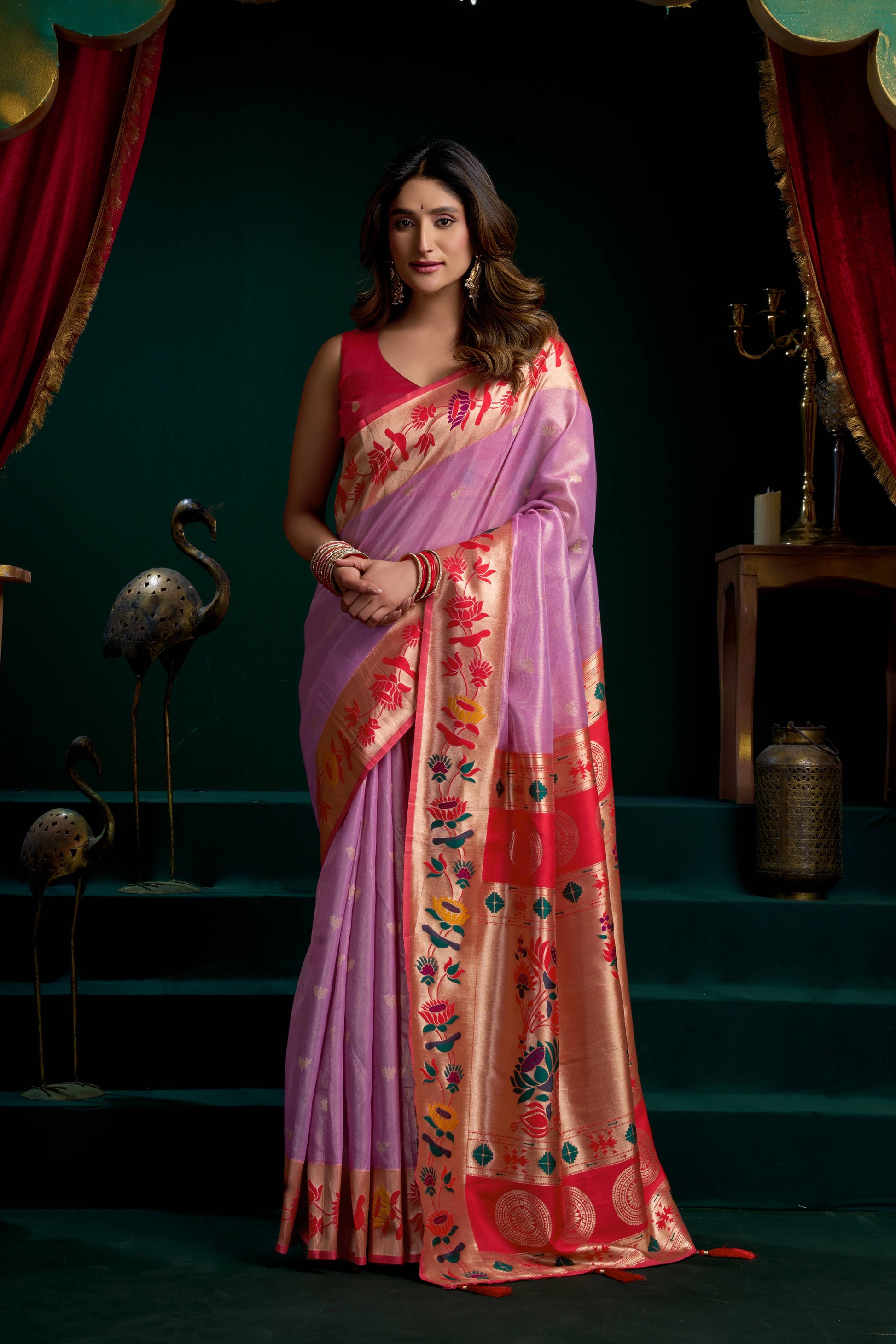 Jyoti Fashion Women's Purple Tissue Paithani Zari Woven Saree with Blouse