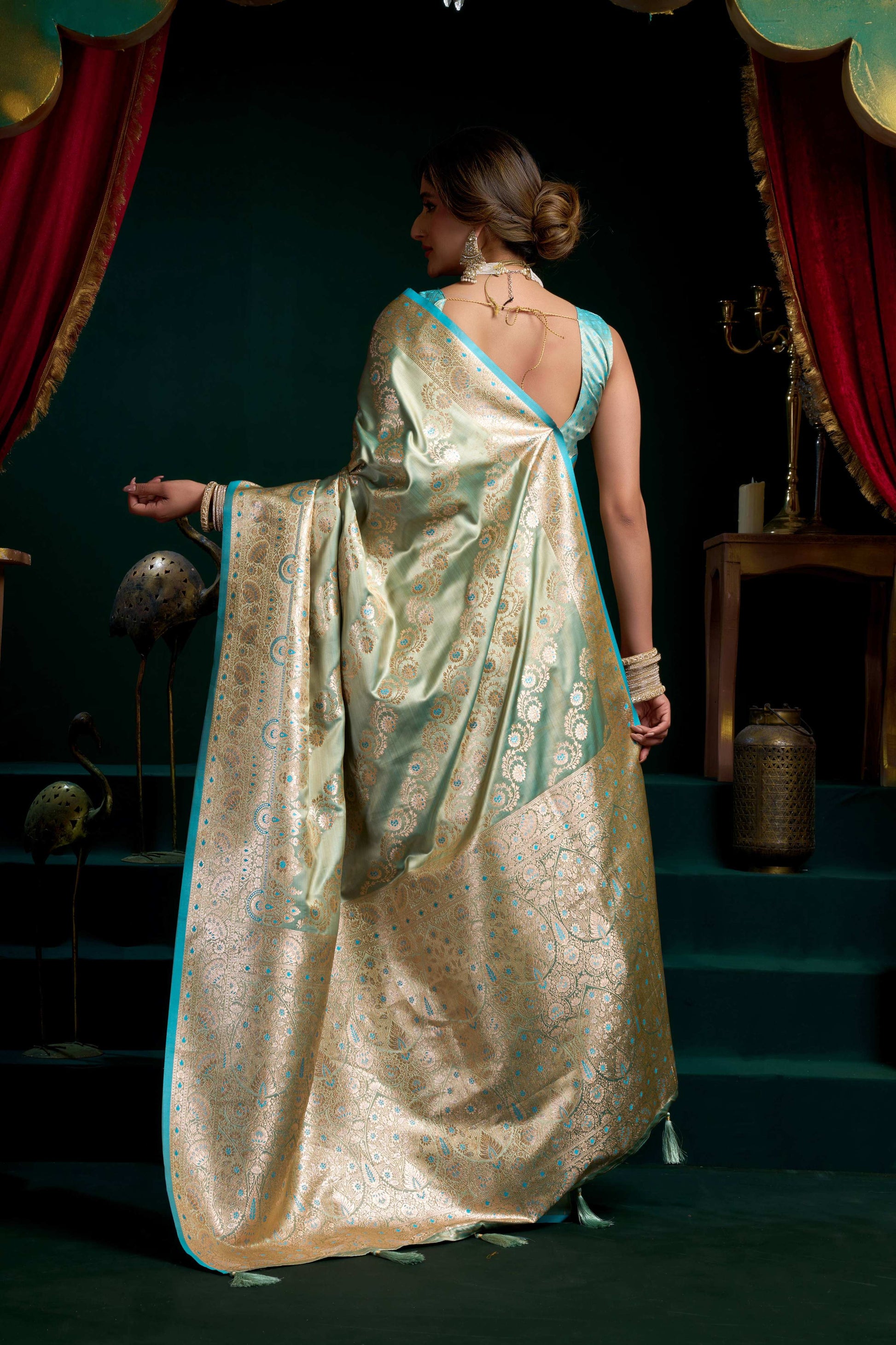 Jyoti Fashion Women's Turquoise Satin Silk Zari Woven Saree with Blouse