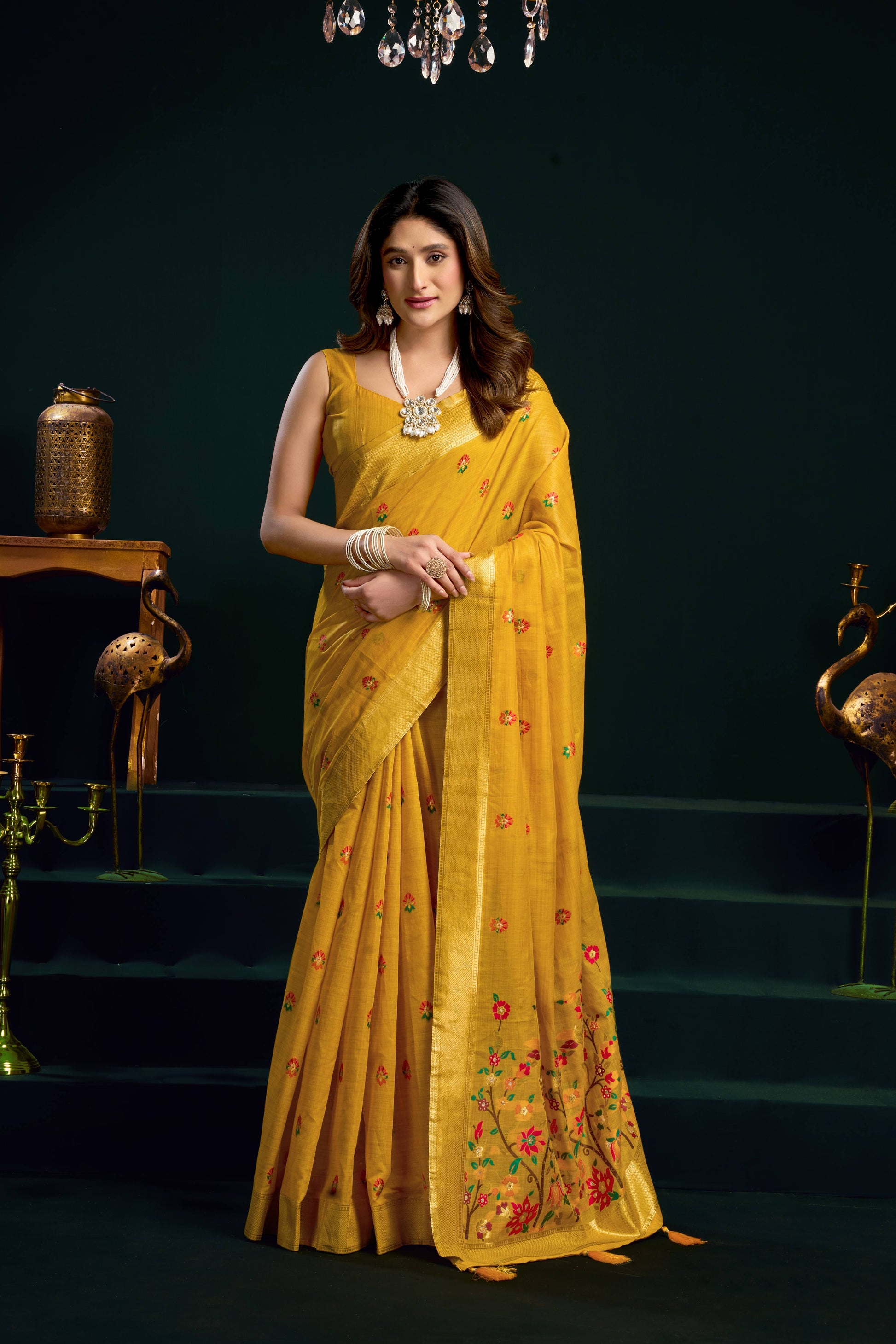 Jyoti Fashion Women's Yellow Muga Cotton Meena Zari Woven Saree with Blouse