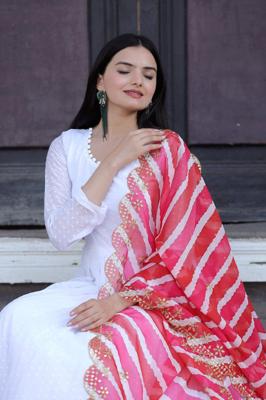 Jyoti Fashion Women's White Georgette Butti work Partywear Anarkali Dress with Dupatta