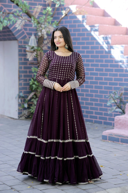 Jyoti Fashion Women's Wine Faux Blooming Sequins with Zari Embroidered Anarkali Dress