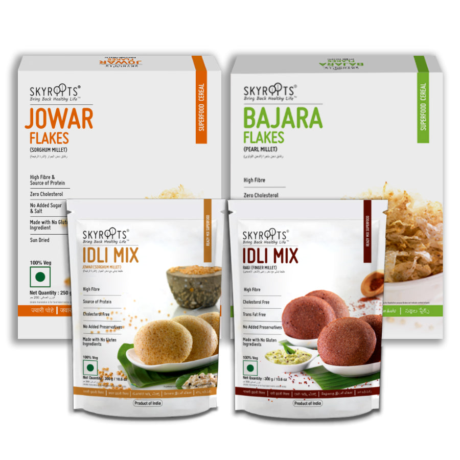 Skyroots Jowar Flakes + Bajara Flakes + Ragi Idli Mix + Jowar Idli Mix Combo Pack 