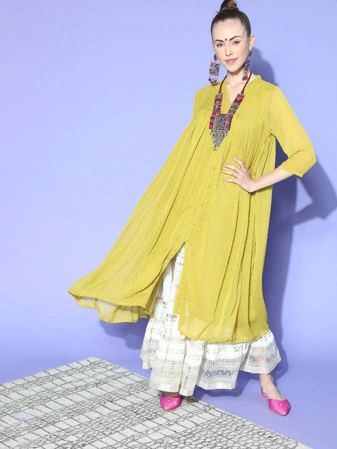 Janasya Women Elegant Mustard Woven Design Dobby Weave Kurta