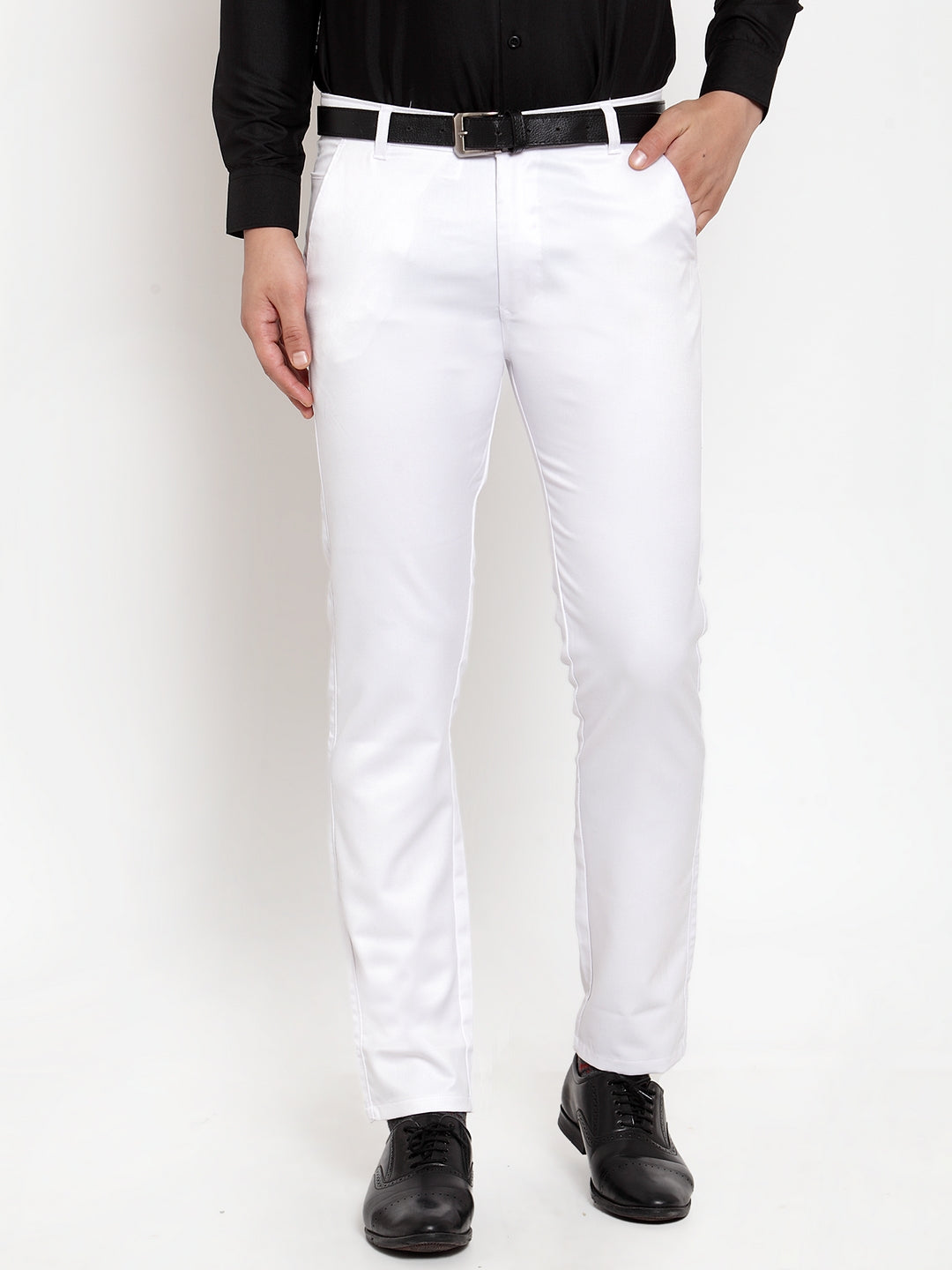 Jainish Men's White Tapered Fit Formal Trousers 