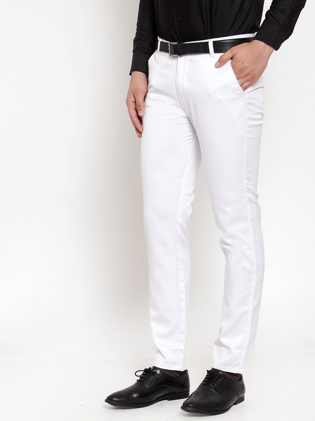 Jainish Men's White Tapered Fit Formal Trousers 