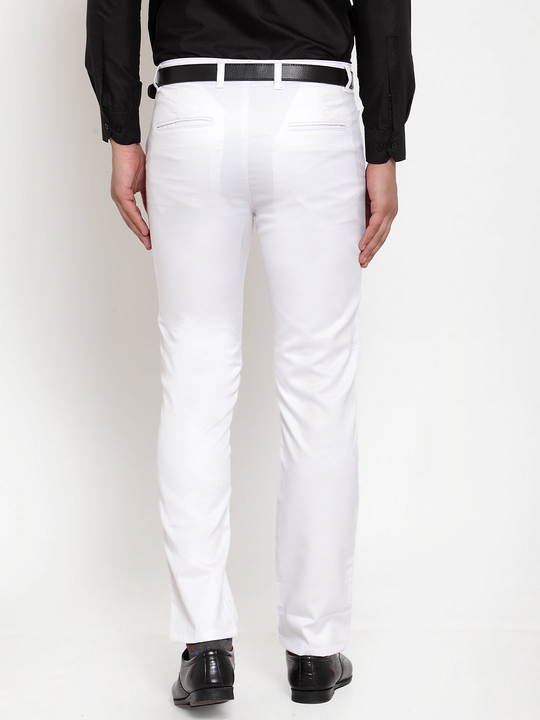 Jainish Men's White Tapered Fit Formal Trousers 