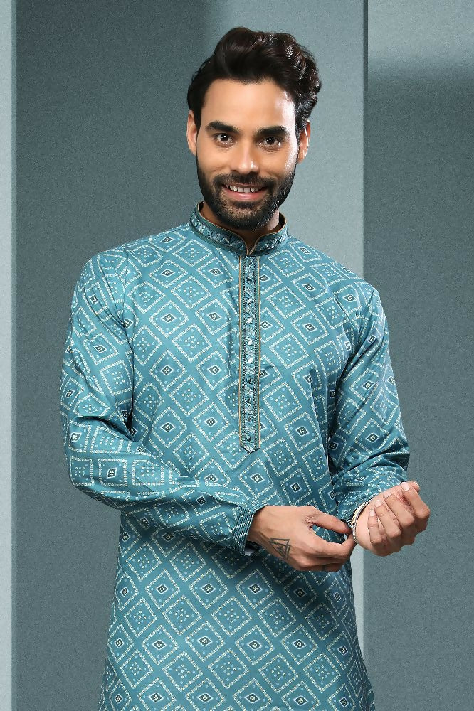 Raivat Ethnic Cotton Digital Print Mirror Work Kurta Pajama In Sky Blue Colour
