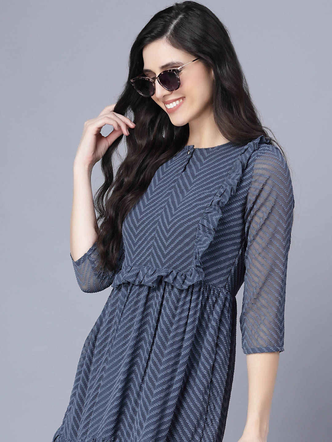 Myshka Georgette Solid 3/4 Sleeve Round Dark Grey Women Dress