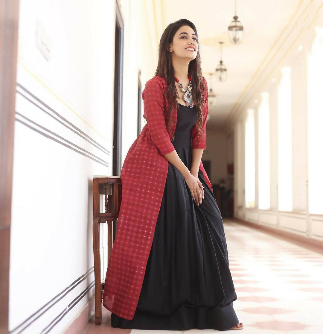 Partywear Designer Digital print Black Maslin Gown - Anbazaar