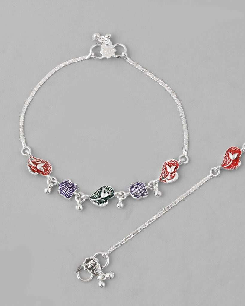 VOJ Set of 2 Silver Plated Designer Multi Color Anklet 
