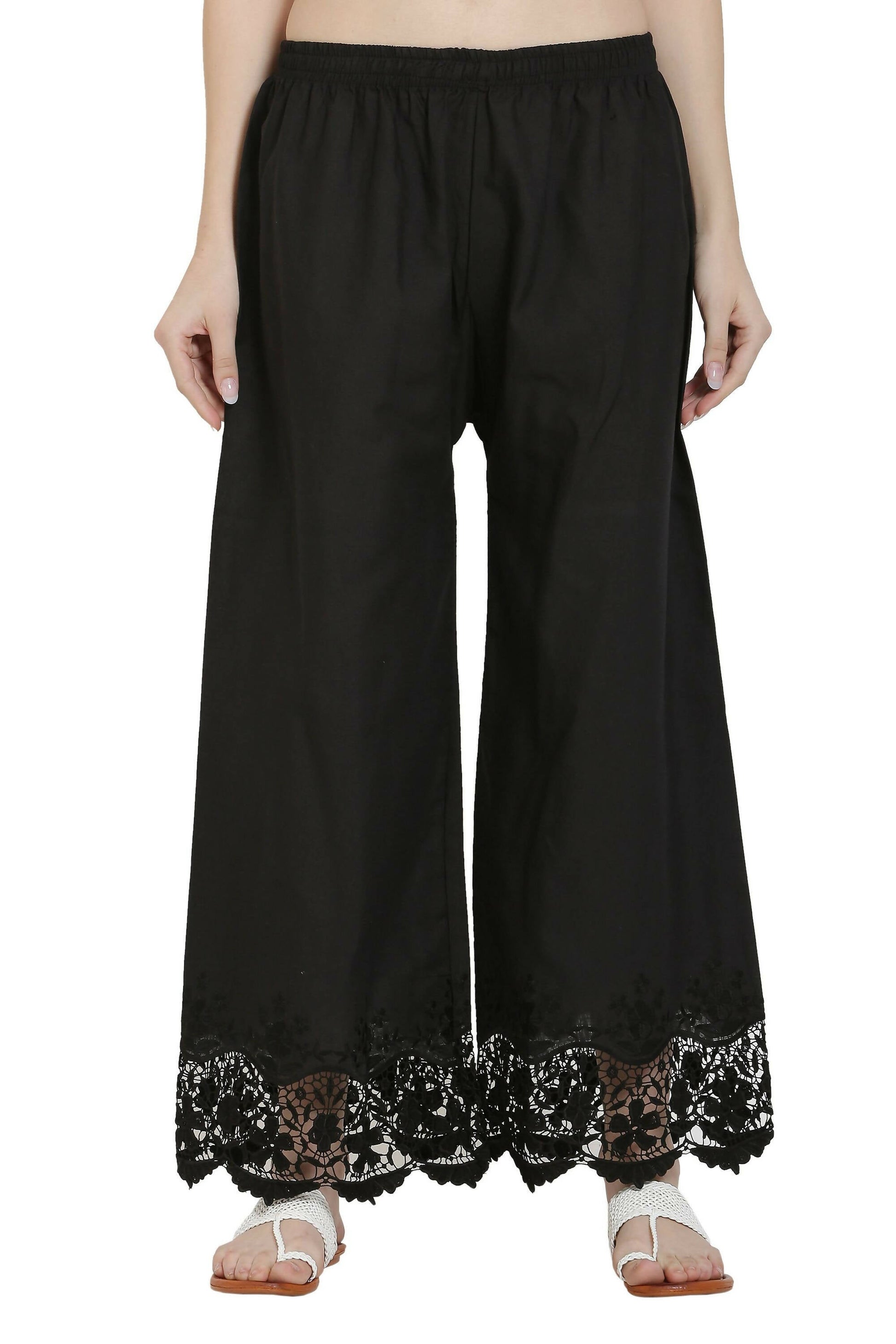 PAVONINE Black Color Chikankari Lace Scalloped Hem Cotton Fabric Sharara
