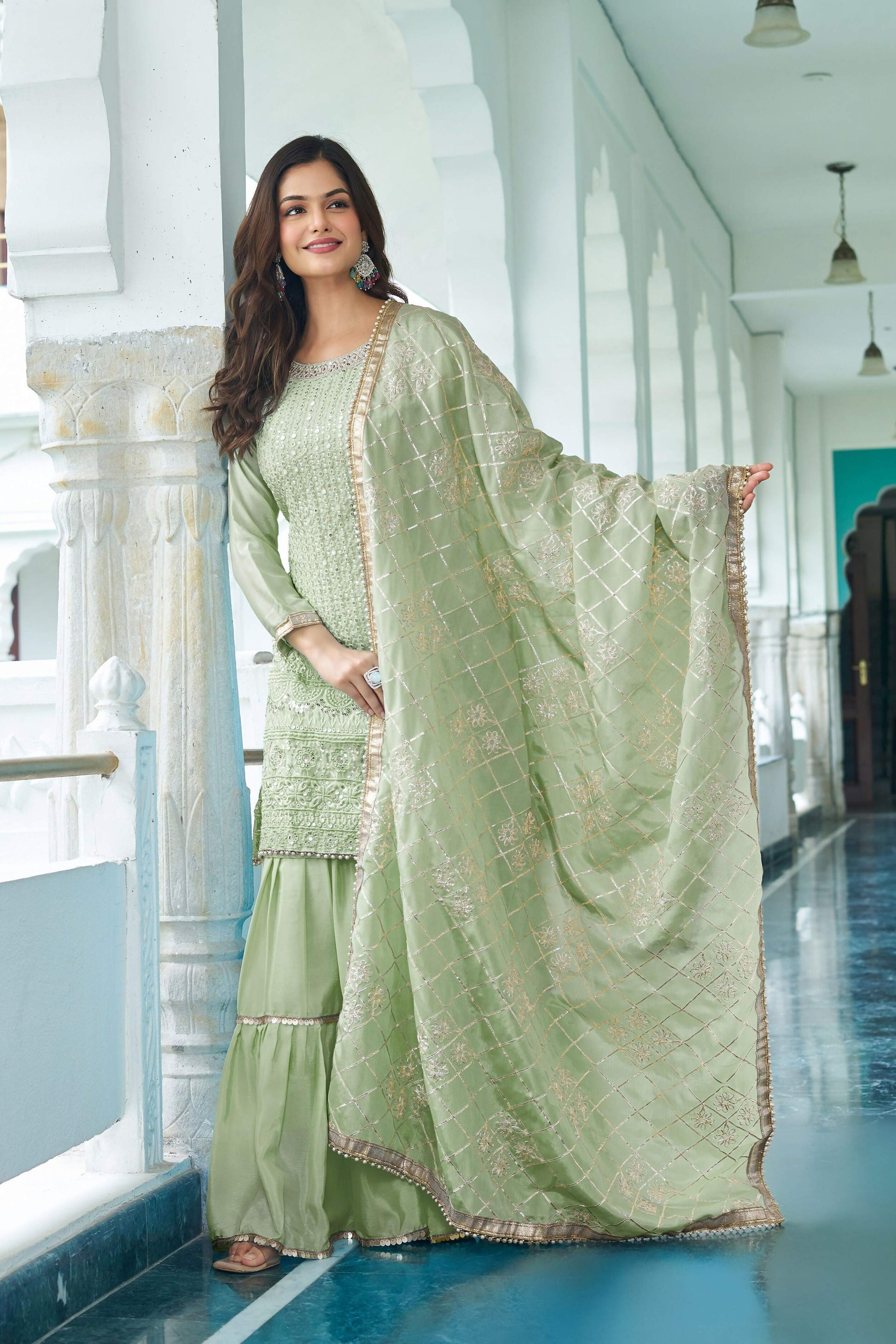 Joban Fashion Pista Chinon Silk Embroidery Sequence Work Readymade Kurta Set
