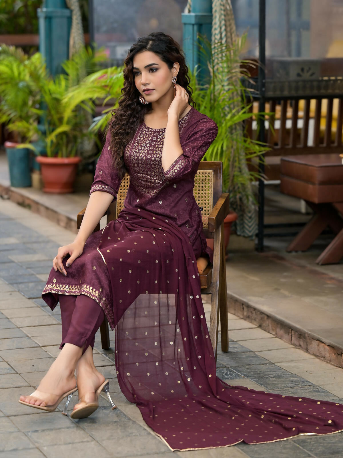 Juniper Women's Wine Ethnic Motif Printed Muslin Kurta Set With Zari Work & Gota Patti