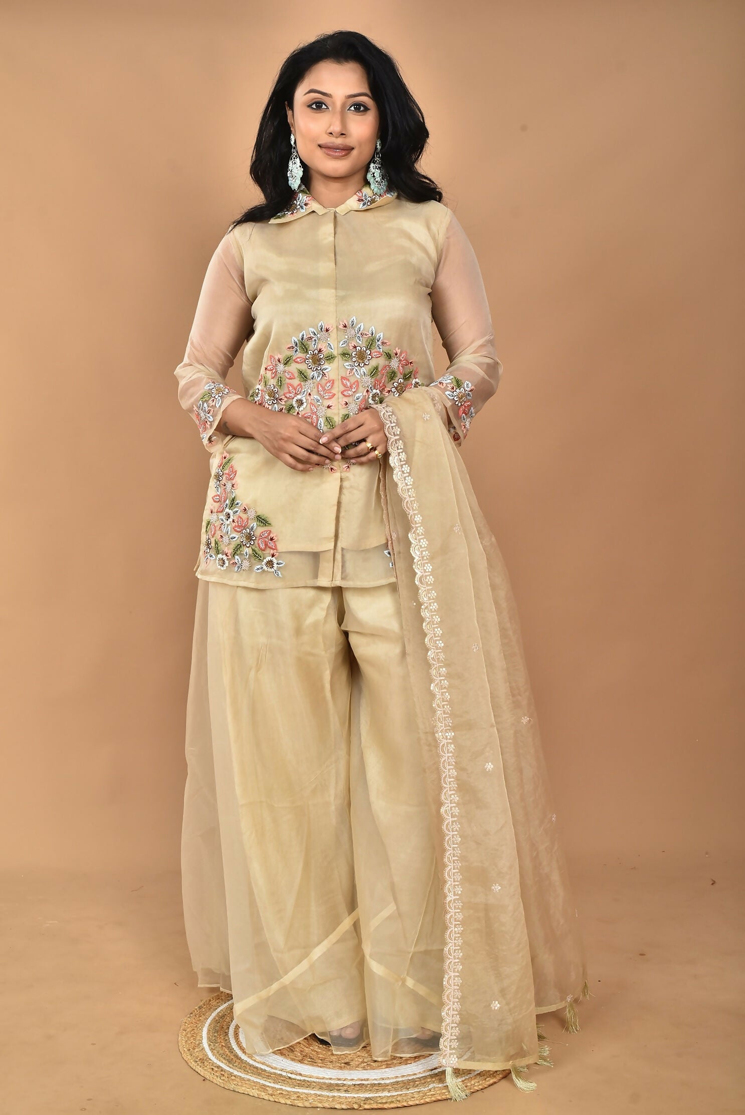 Morchari Women And Hand Embroidery Palazzo Set-Beige 
