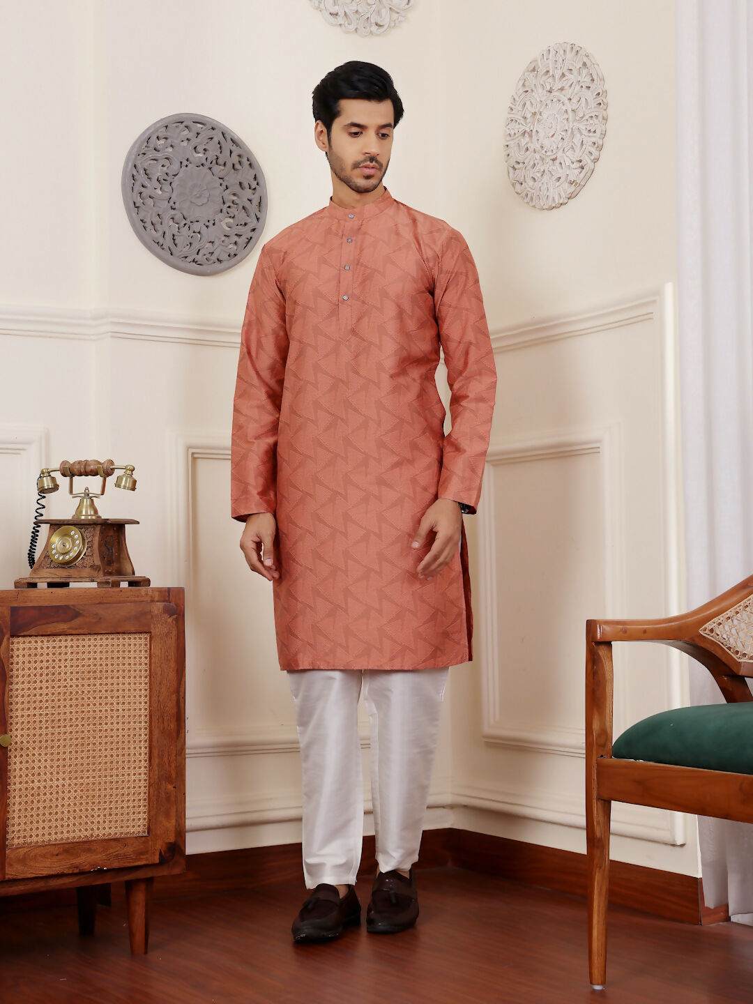 Orange Viscose Woven Jacquard Work Men's Rajwadi Kurta Set - Mahotsav