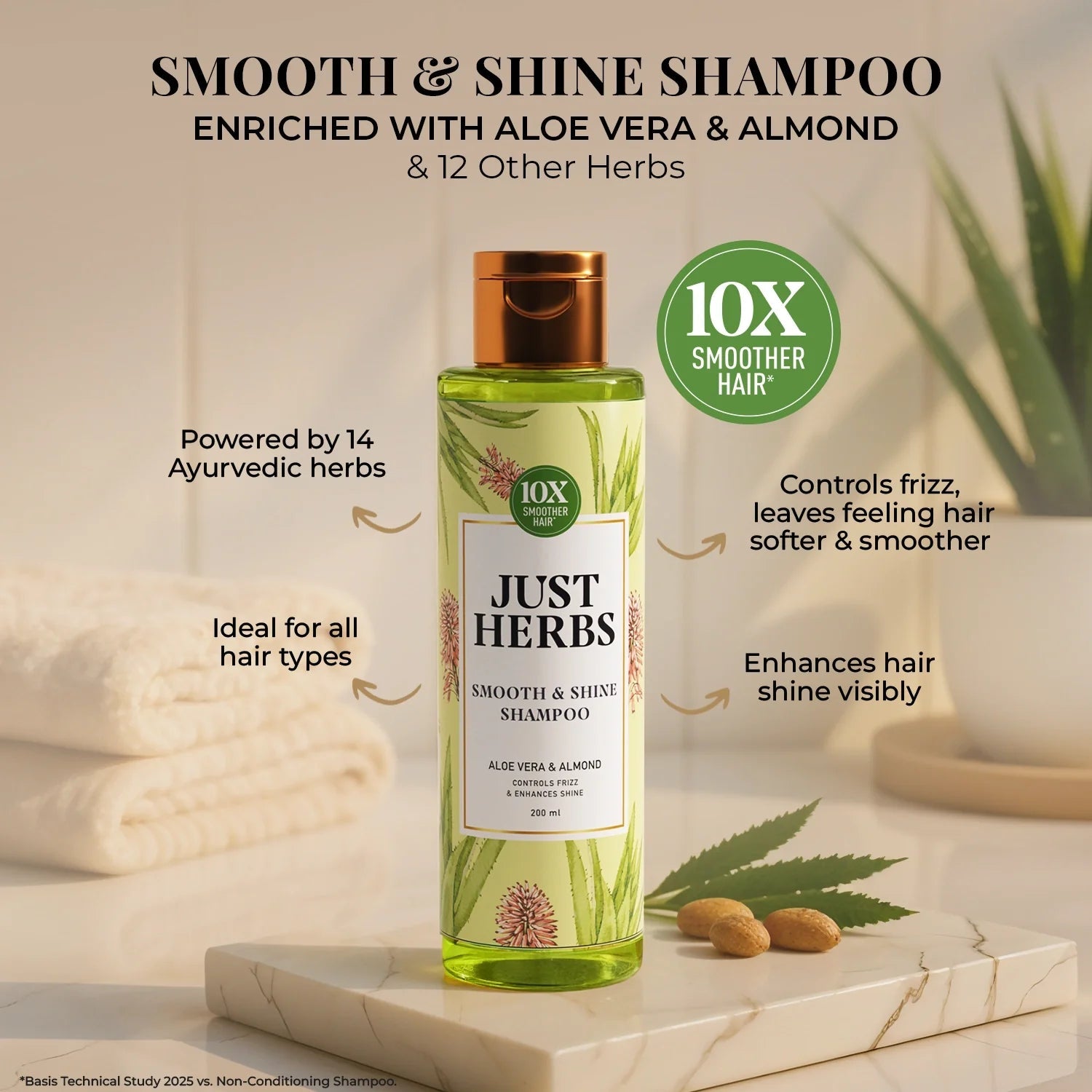 Smooth & Shine Shampoo for Dry and Frizzy Hair| Aloe Vera, Almond, Rice Protein & 12 Herbs 