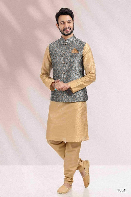 Raivat Ethnic Jacquard Banarasi Silk Woven Work 3 Pics Jacket Set In Grey Colour