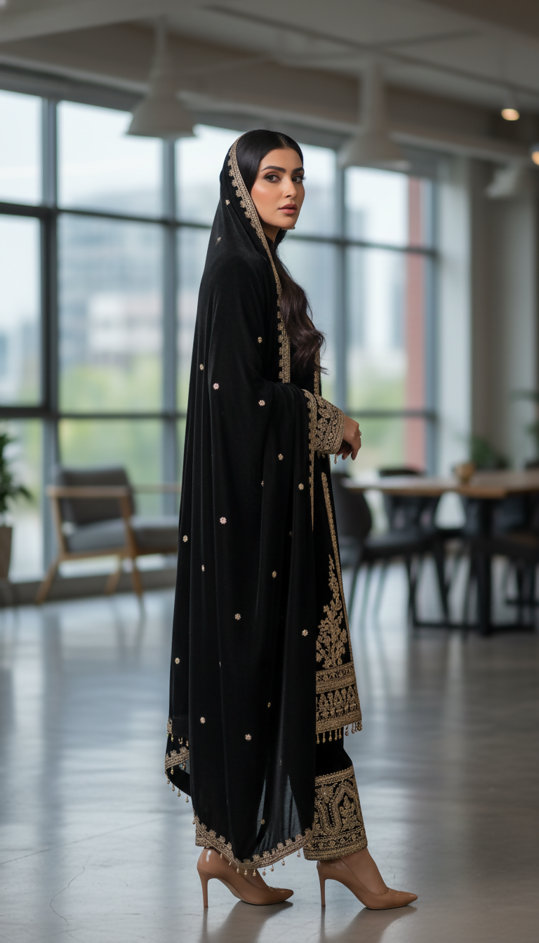 Joban Fashion Black Velvet Embroidery Sequence Work Readymade Kurta Set