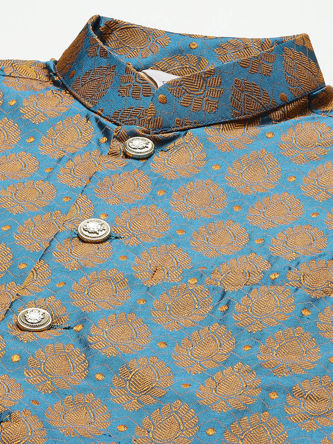 Jompers Men's Golden Dupion Silk Kurta with Churidar & Nehru Jacket ( Blue )