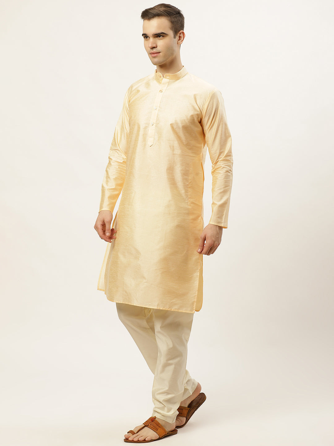 Jompers Men's Golden Dupion Silk Kurta with Churidar & Nehru Jacket ( Blue )