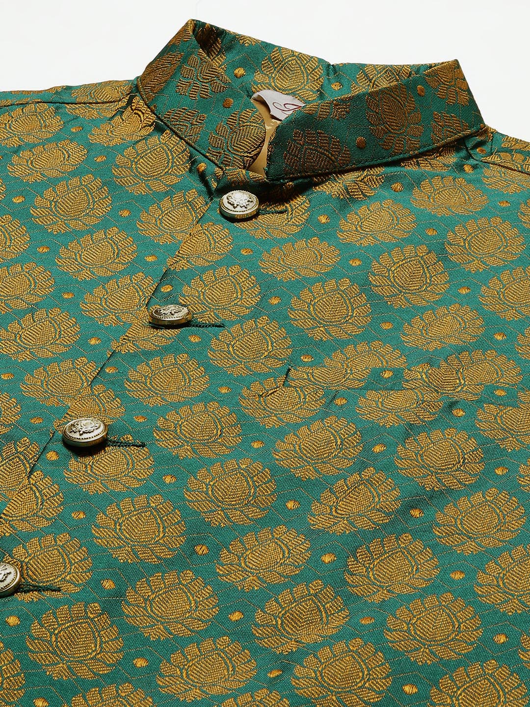 Jompers Men's Woven Design Nehru Jacket and Kurta Pyjama Set - Green