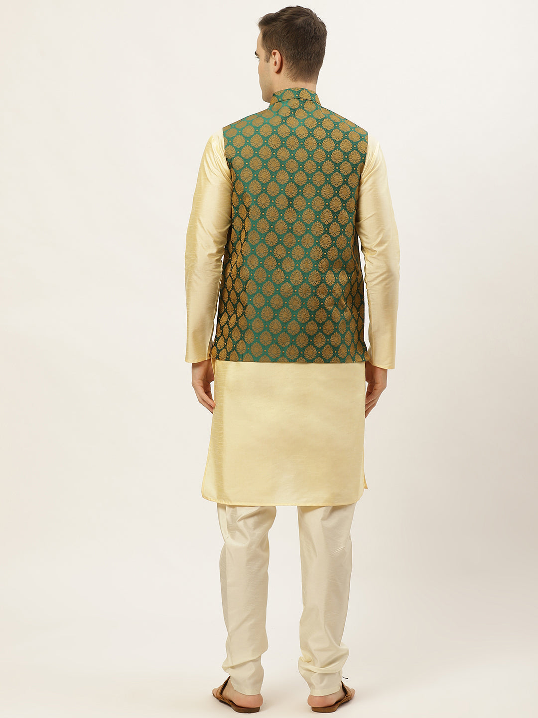 Jompers Men's Woven Design Nehru Jacket and Kurta Pyjama Set - Green
