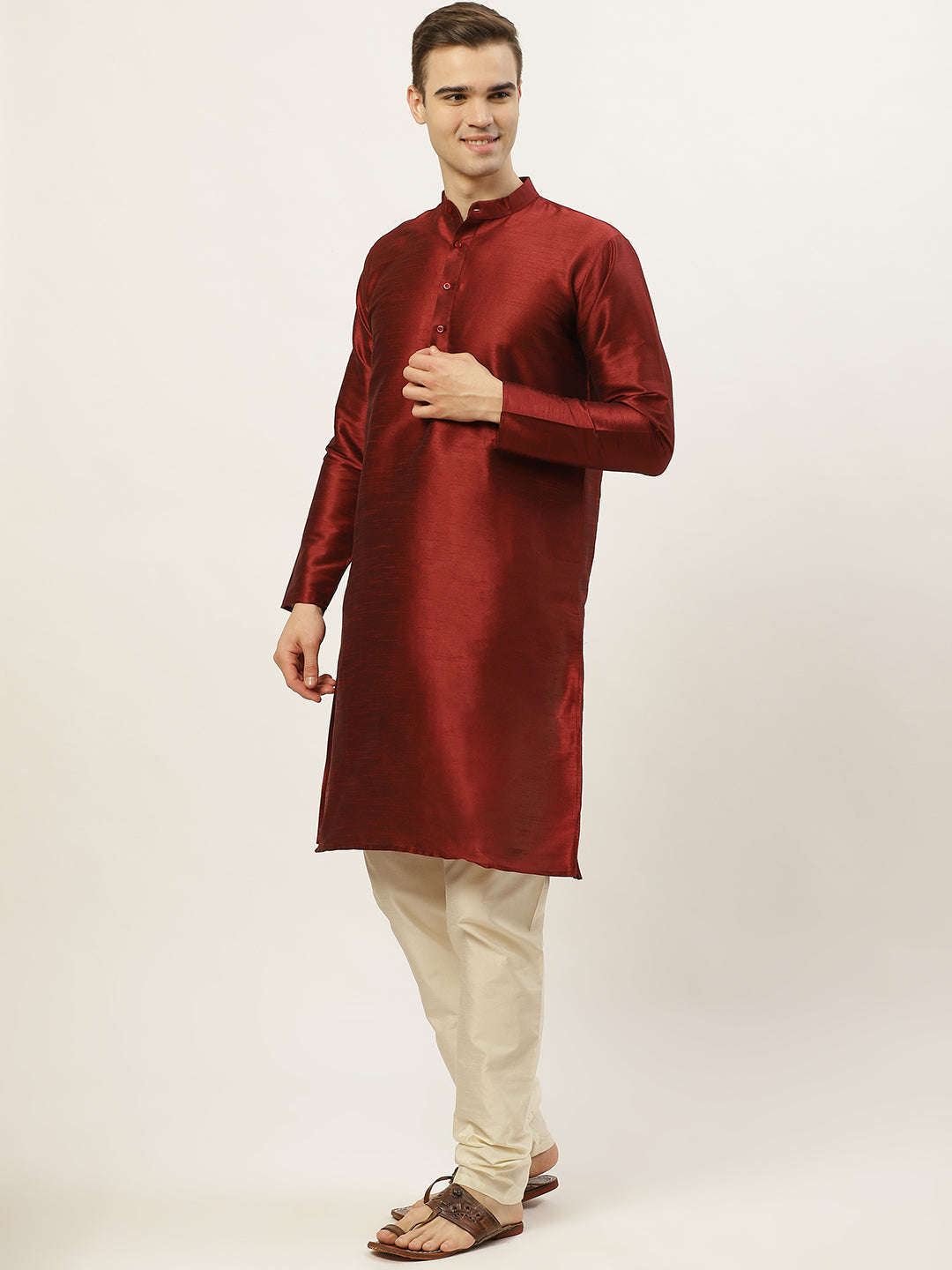 Jompers Men's Solid Dupion Kurta Pajama with Printed Nehru Jacket (White & Maroon)