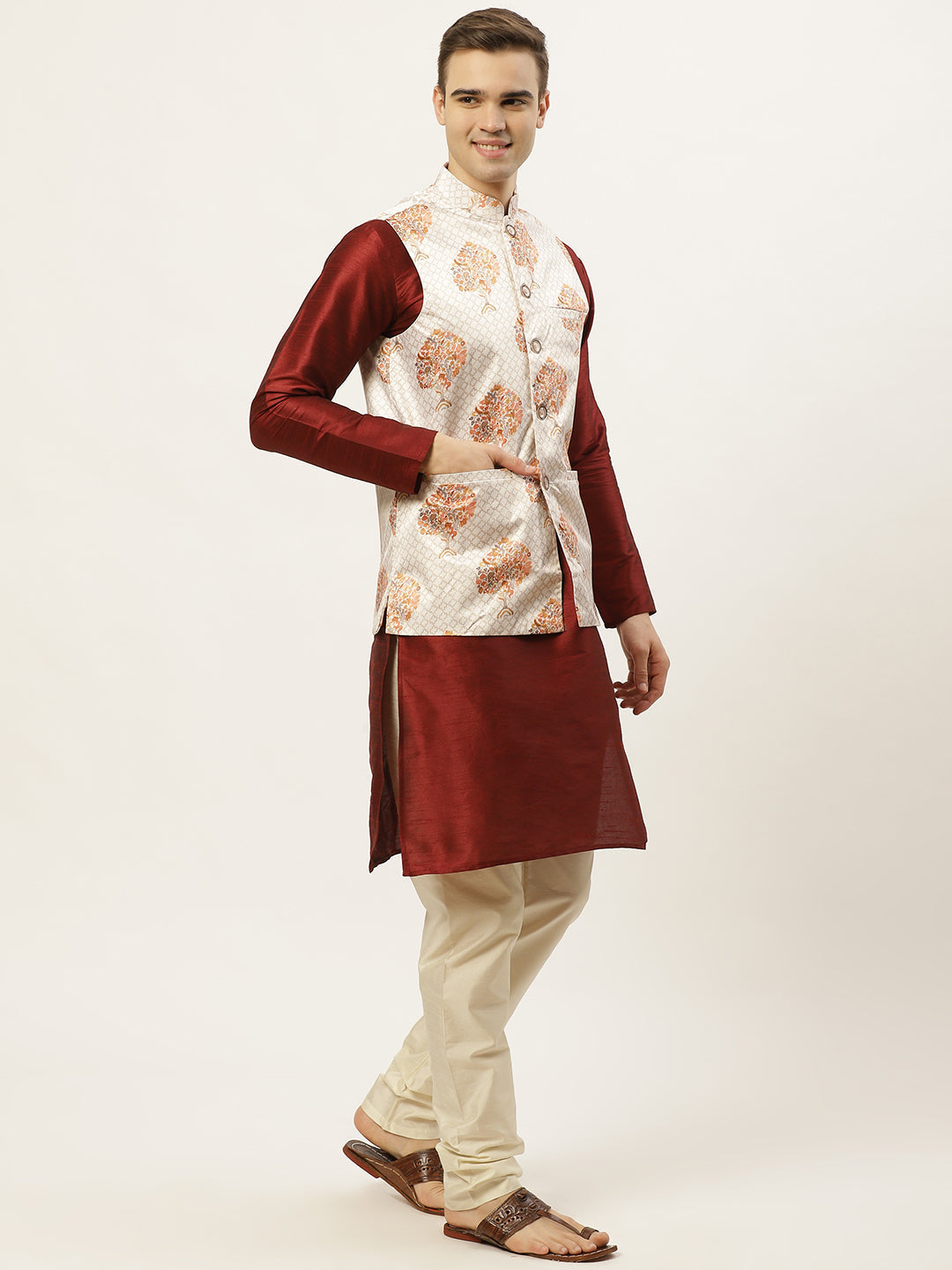 Jompers Men's Solid Dupion Kurta Pajama with Printed Nehru Jacket (White & Maroon)