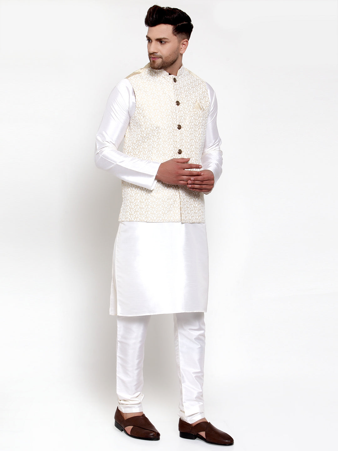 Jompers Men's Solid Dupion Kurta Pajama with Embroidered Nehru Jacket (Beige)