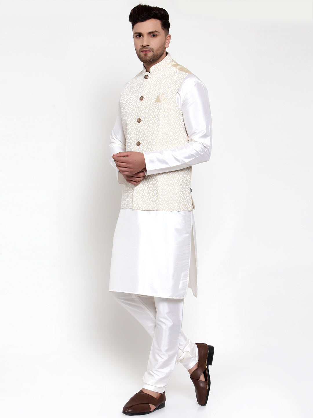 Jompers Men's Solid Dupion Kurta Pajama with Embroidered Nehru Jacket (Beige)