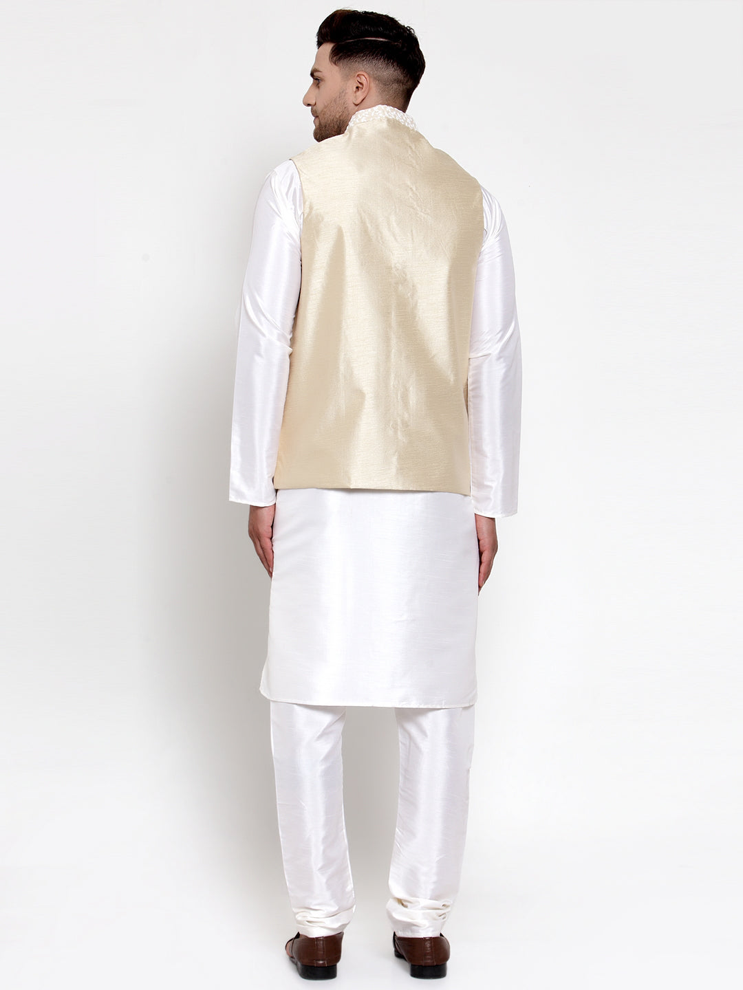 Jompers Men's Solid Dupion Kurta Pajama with Embroidered Nehru Jacket (Beige)