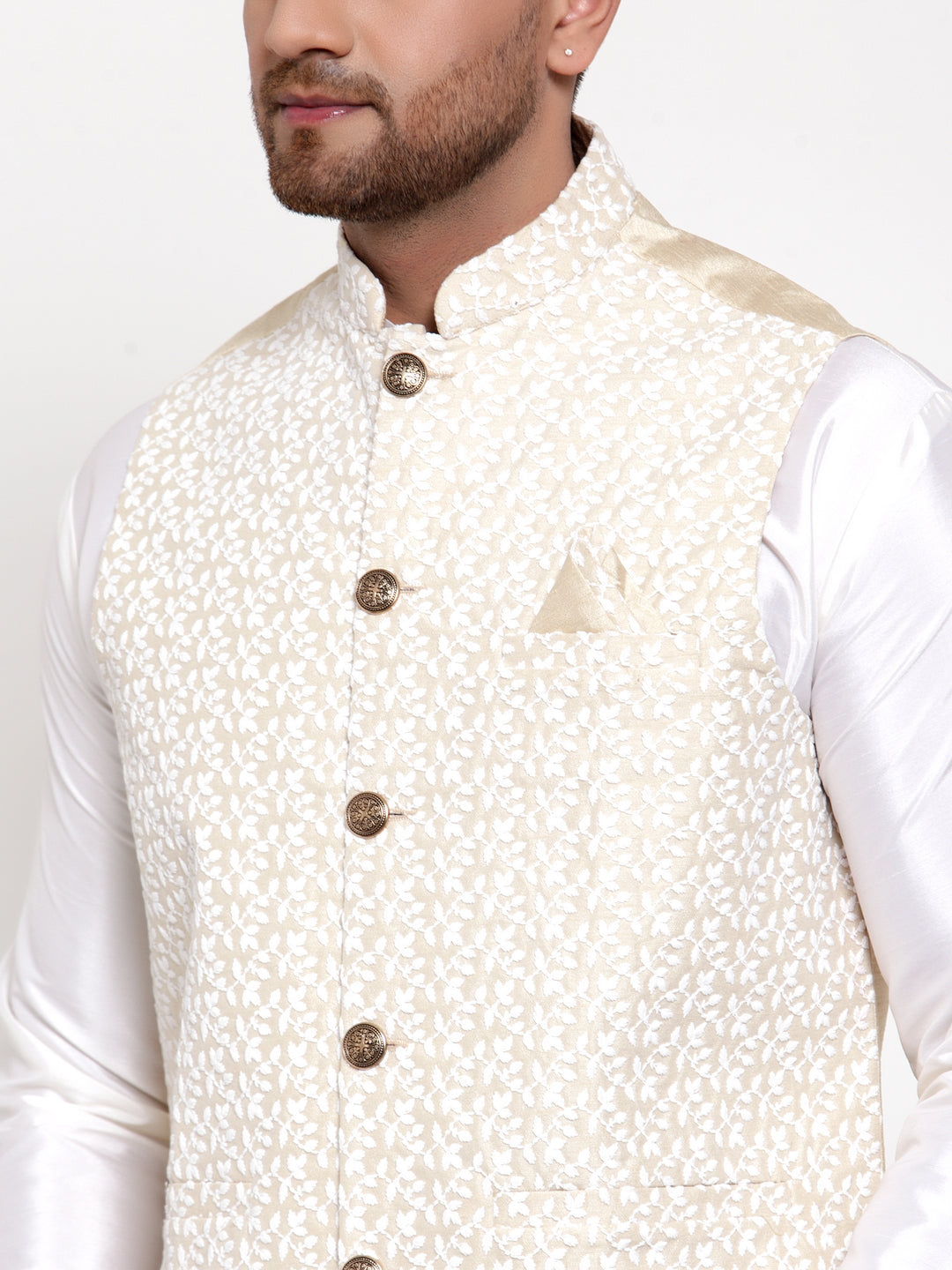 Jompers Men's Solid Dupion Kurta Pajama with Embroidered Nehru Jacket (Beige)