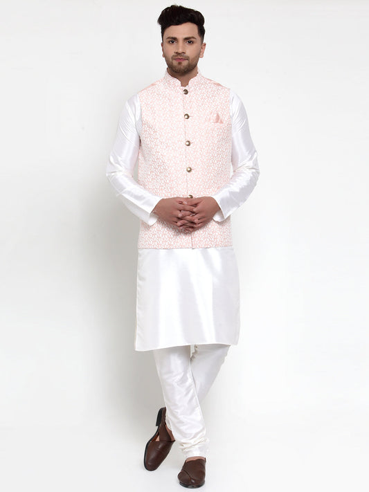 Jompers Men's Solid Dupion White Kurta Pajama with Embroidered Nehru Pink Jacket