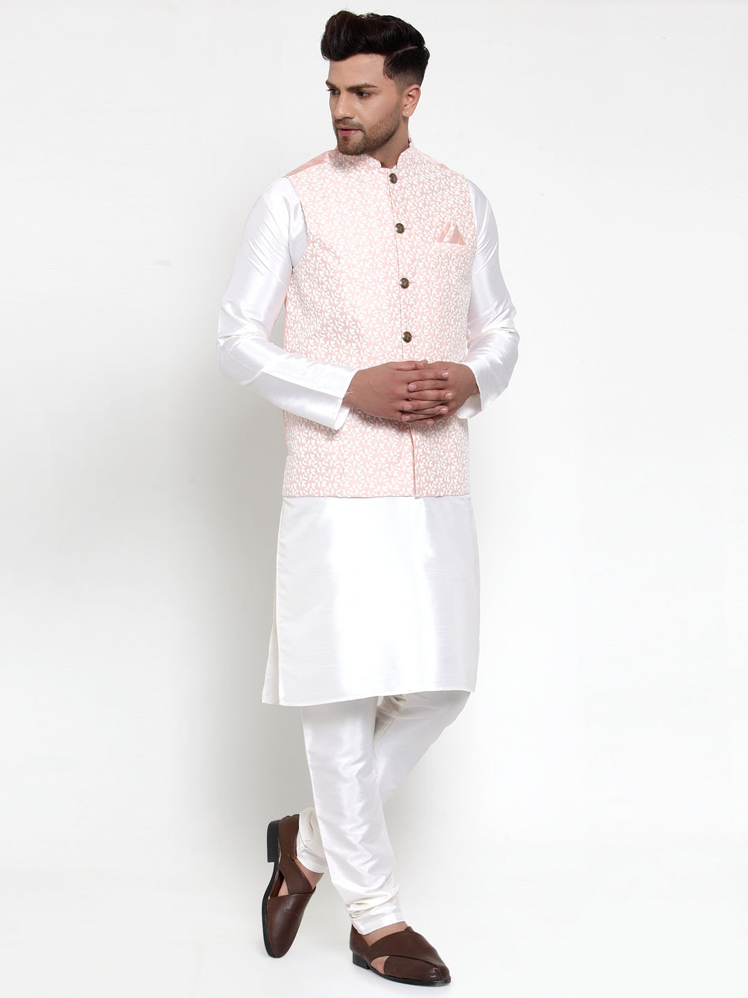 Jompers Men's Solid Dupion White Kurta Pajama with Embroidered Nehru Pink Jacket