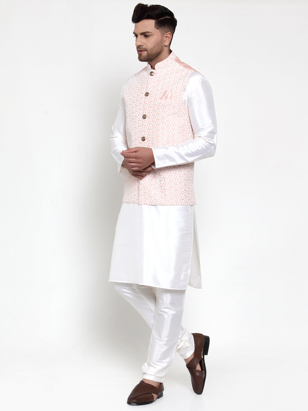 Jompers Men's Solid Dupion White Kurta Pajama with Embroidered Nehru Pink Jacket