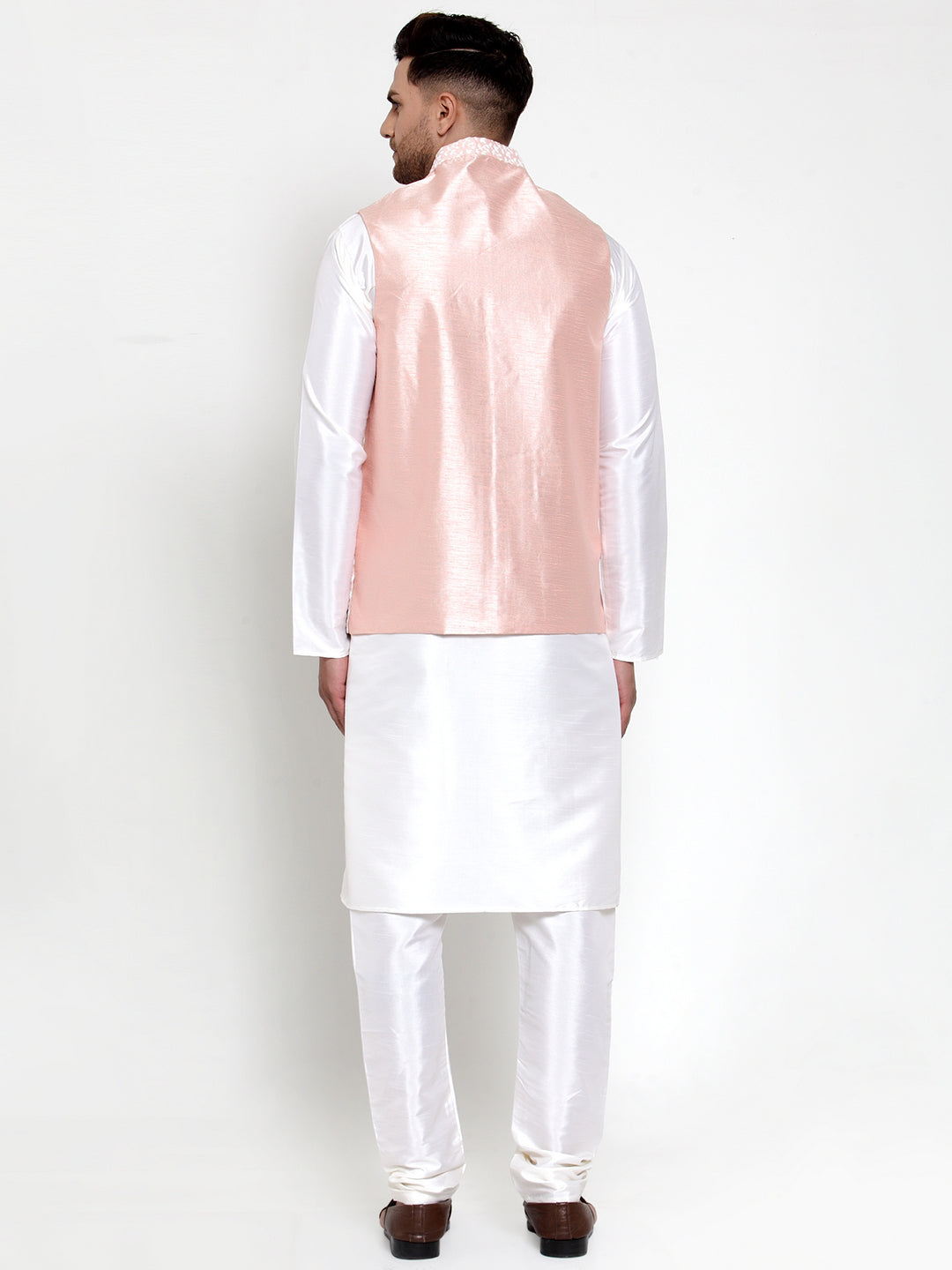 Jompers Men's Solid Dupion White Kurta Pajama with Embroidered Nehru Pink Jacket