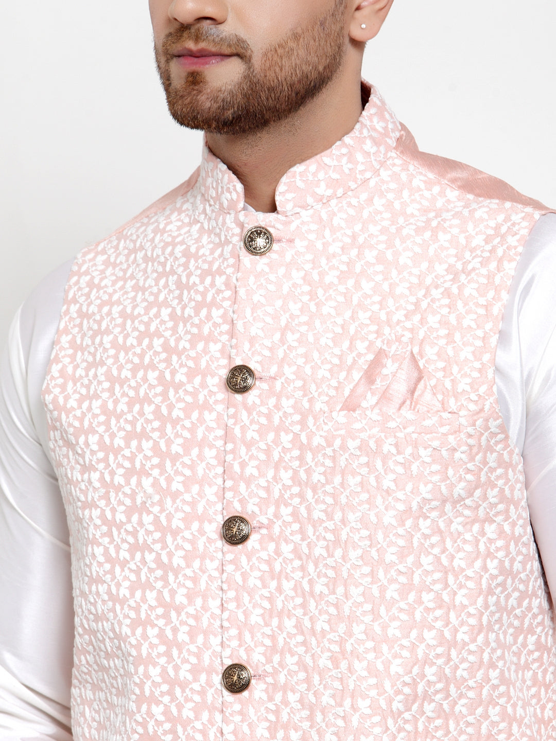 Jompers Men's Solid Dupion White Kurta Pajama with Embroidered Nehru Pink Jacket