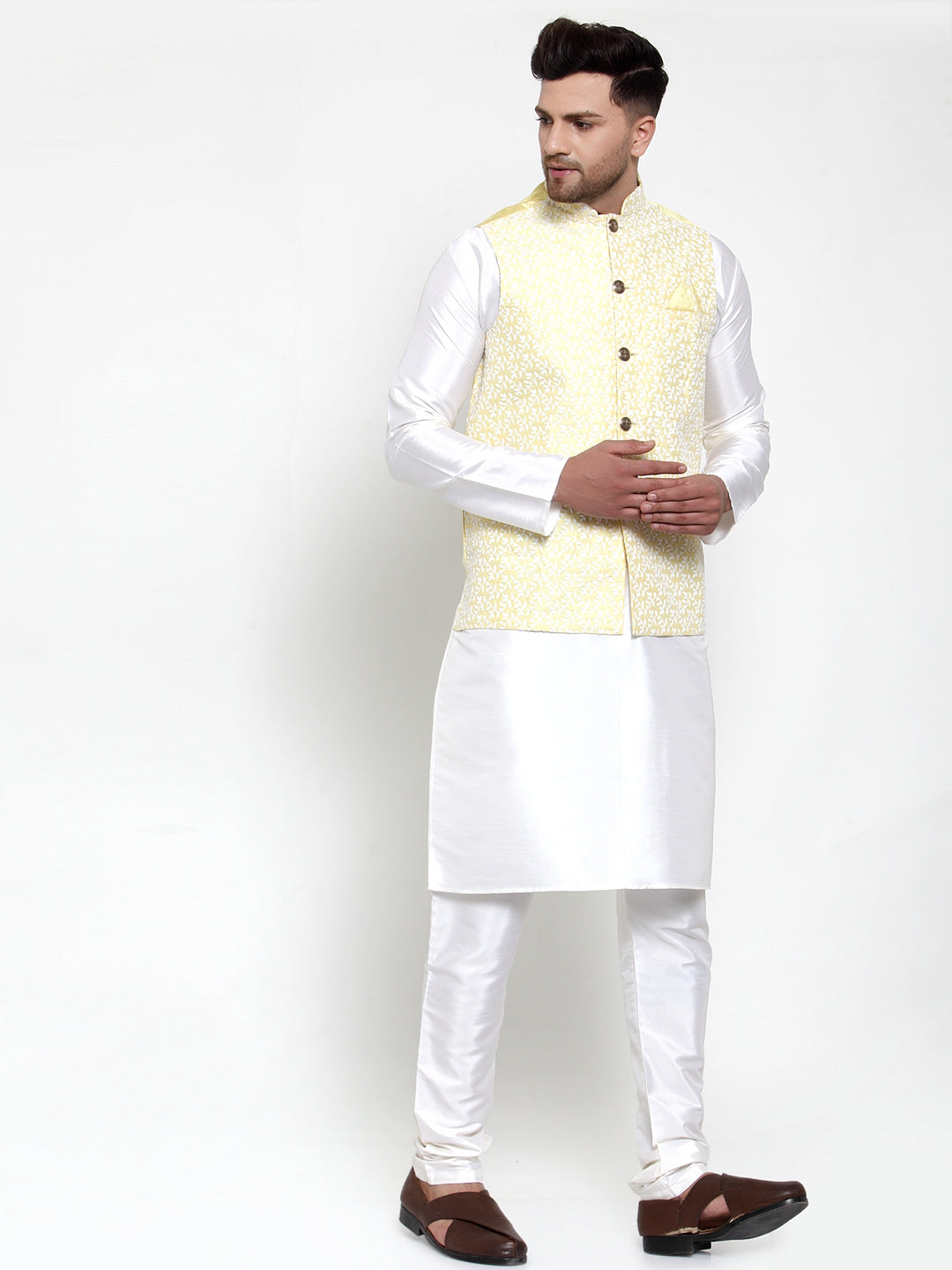 Jompers Men's Solid Dupion Kurta Pajama with Embroidered Nehru Jacket (Yellow)