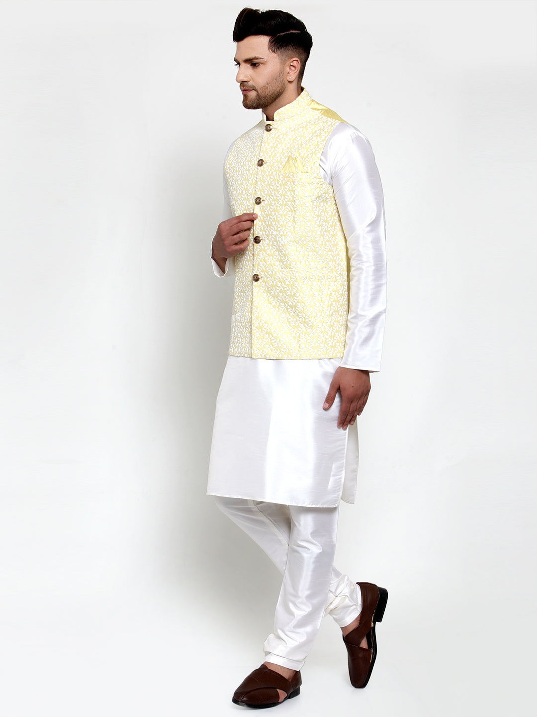 Jompers Men's Solid Dupion Kurta Pajama with Embroidered Nehru Jacket (Yellow)