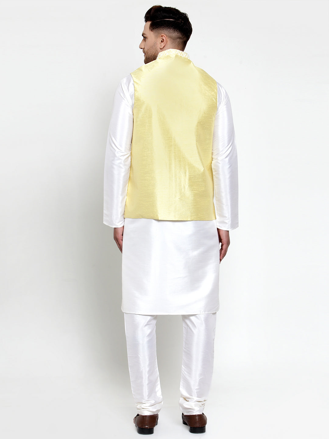 Jompers Men's Solid Dupion Kurta Pajama with Embroidered Nehru Jacket (Yellow)