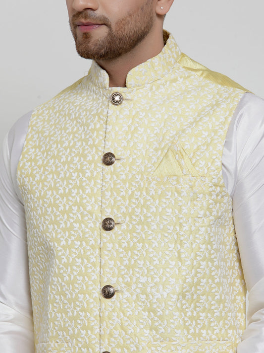 Jompers Men's Solid Dupion Kurta Pajama with Embroidered Nehru Jacket (Yellow)